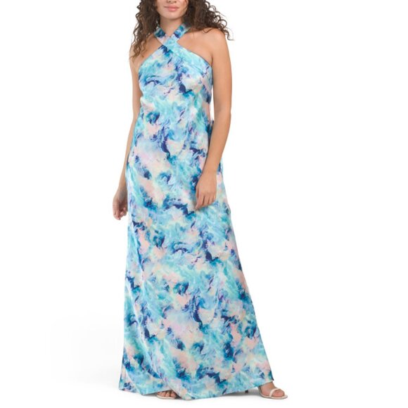 AIDAN BY ADRIANNA PAPELL BLUE MULTI Sleeveless Halter Gown - Picture 1 of 2